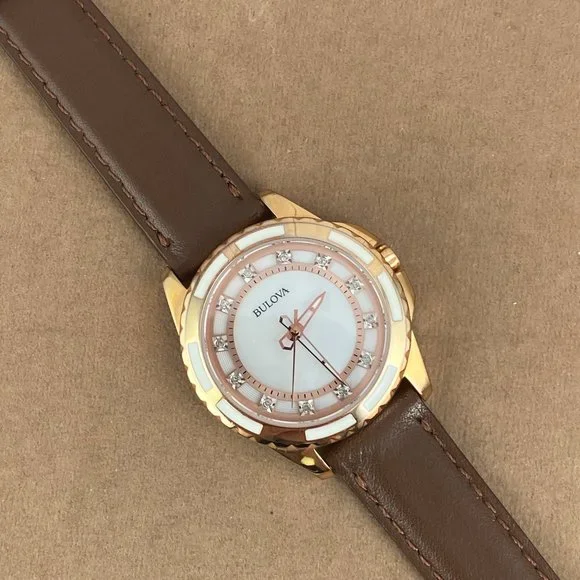 Bulova 2 Tone White Enamel and Rose Gold Crystal Dial New Brown Leather Strap - Picture 4 of 8